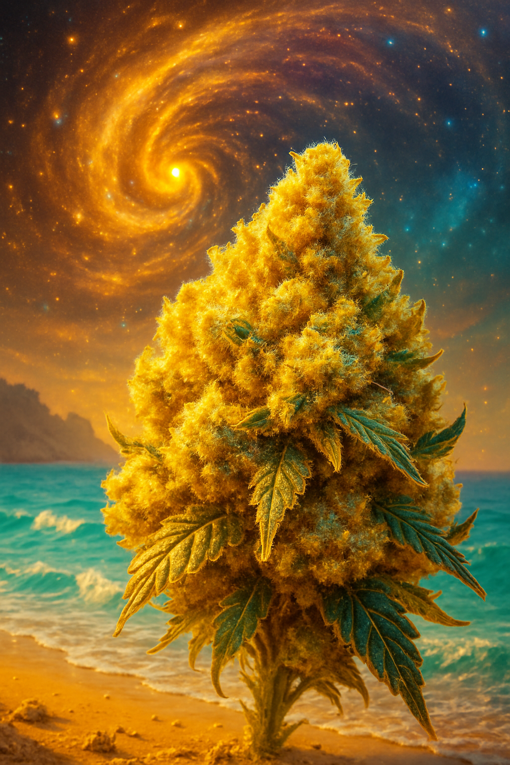 Photorealistic Acapulco Gold cannabis bud with cosmic waves
