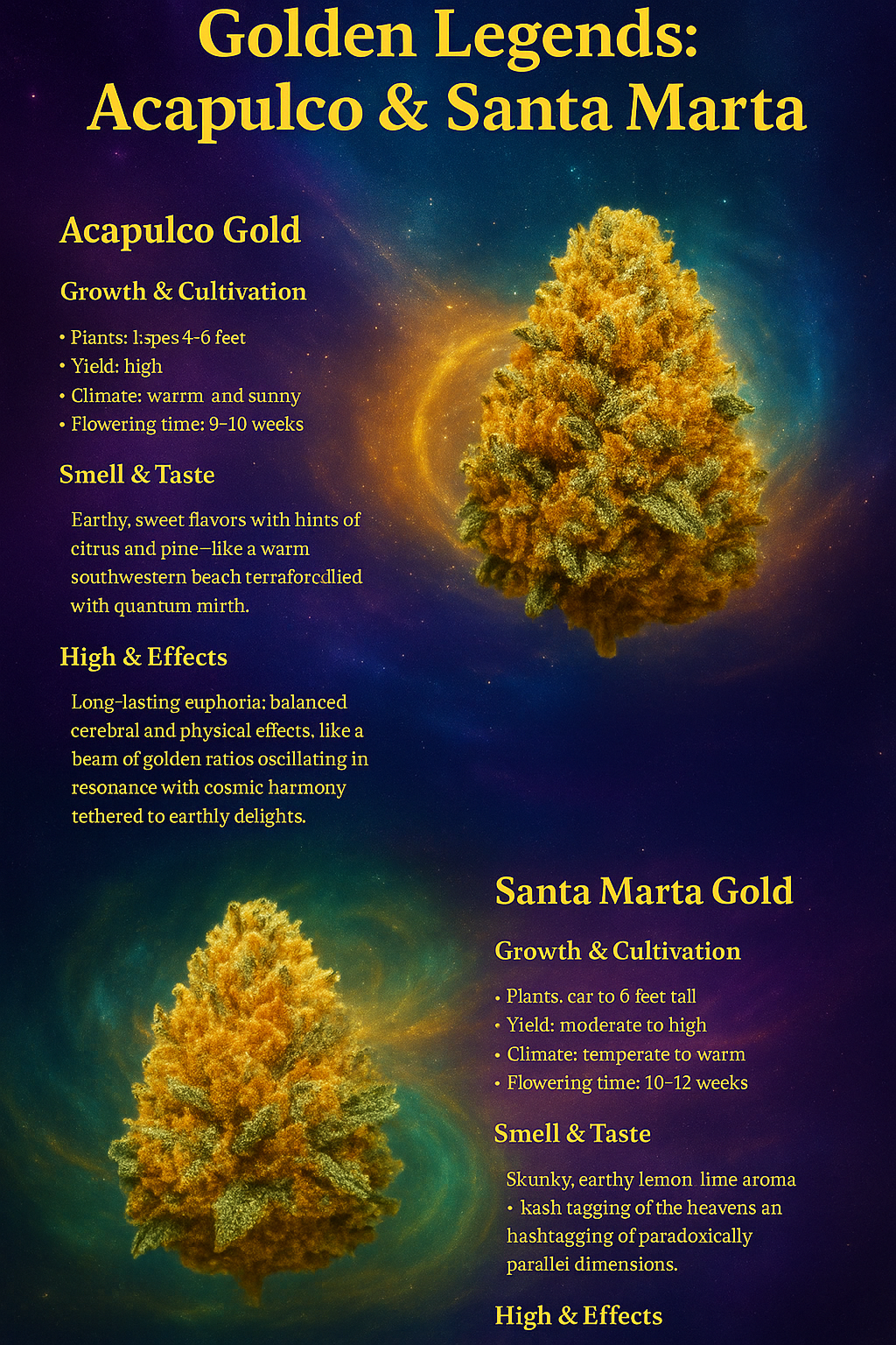 Photorealistic Santa Marta Gold cannabis bud with mystical mountain background